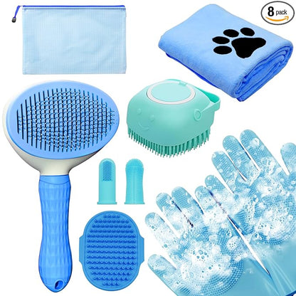 Dog Grooming Kit for Shedding – 8-Piece Pet Grooming Supplies with Deshedding Brush, Bath Gloves, Towels & Silicone Toothbrush | Ideal for Dogs, Cats, Small and Large Pets (Blue)
