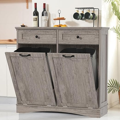 AHB Double Tilt Out Trash Can Cabinet Freestanding Kitchen Trash Can, 2x13 Gallons Hidden Garbage Recycling Cabinet with Hideaway Drawers Pet Proof Trash Can Holder for Kitchen, Grey
