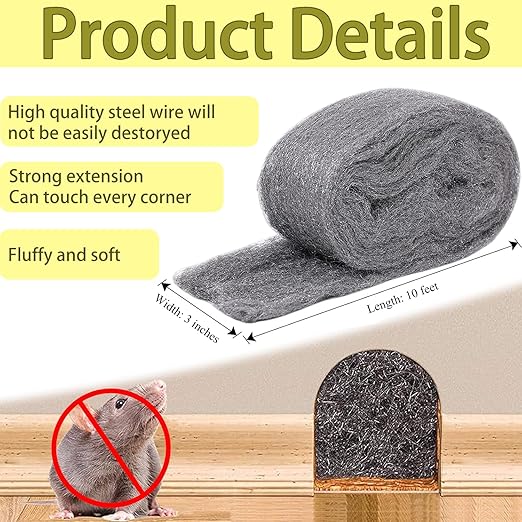 Steel Wool for Mice Control - 3 Pack of 3×10Ft Steel Wool, Gap Filter for House & Garage - Keep Mice Away from Holes，Siding，Pipeline，Vents in Garden, House, 7.04oz (3, 100g)