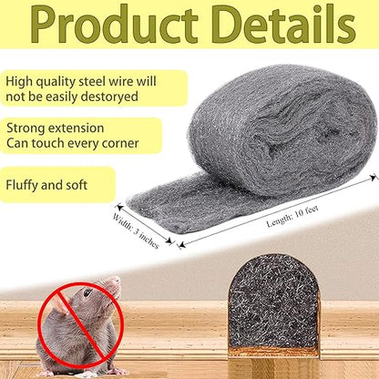 Steel Wool for Mice Control - 3 Pack of 3×10Ft Steel Wool, Gap Filter for House & Garage - Keep Mice Away from Holes，Siding，Pipeline，Vents in Garden, House, 7.04oz (3, 100g)
