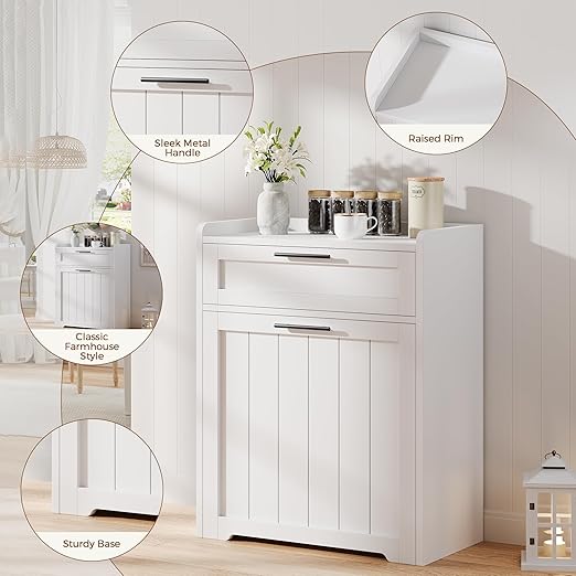Jocoevol Pull Out Trash Can Cabinet, 2x13 Gallon Hidden Garbage Recycling Bin with Drawer, Freestanding Wooden Kitchen Trash can & Laundry Hamper Cabinet, Pet Proof Waste Bin for Living Room, White