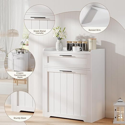 Jocoevol Pull Out Trash Can Cabinet, 2x13 Gallon Hidden Garbage Recycling Bin with Drawer, Freestanding Wooden Kitchen Trash can & Laundry Hamper Cabinet, Pet Proof Waste Bin for Living Room, White