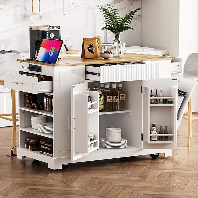 48.5" Kitchen Island with Trash Can Storage Cabinet, Power Outlet, Internal Storage Rack, Rolling Kitchen Islands Cart on 5 Wheels with 3 Drawers, 3 Open Side Racks, White