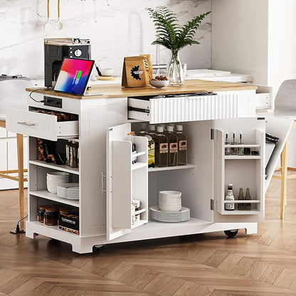 48.5" Kitchen Island with Trash Can Storage Cabinet, Power Outlet, Internal Storage Rack, Rolling Kitchen Islands Cart on 5 Wheels with 3 Drawers, 3 Open Side Racks, White