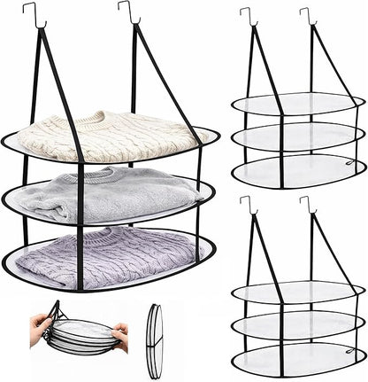 SAMJANE Hanging Sweater Drying Rack – Lay-Flat Warp-Knit Airflow Mesh for Delicates, 3 pcs 3-Tier Foldable Space-Saving Door-Hanging Design for Fast Drying & No Deformation in Small Spaces (Black)