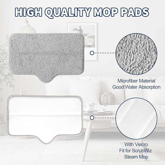 Steam Mop Pads Compatible with ScrubWiz & LABIGO Steam Mop Cleaner - Washable and Reusable Microfiber Replacement Mop Pads for Cleaning Floors and Carpets, 4 Pack