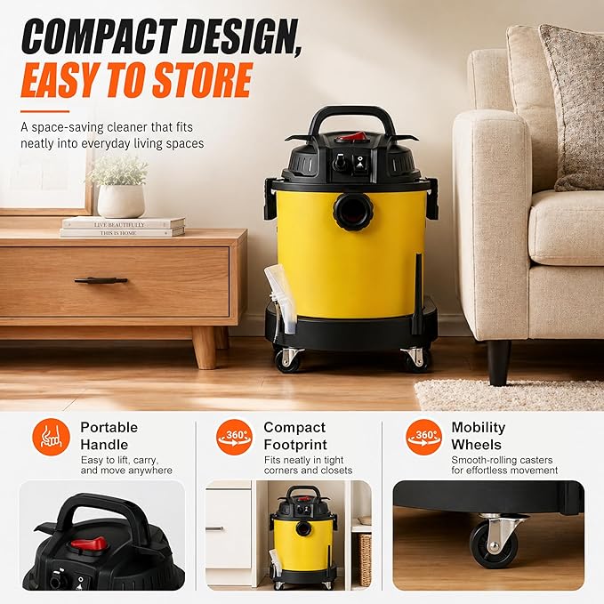 Shop Vacuum Wet and Dry Cleaner, 6 Gallon 5.5 Peak HP Wet Dry Vac, 17 KPA Max Power 4 in 1 Portable Shop Vacuum Wet and Dry with Filter,Soap Tank, Hose and Attachments for Home, Car, Garage, 175