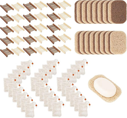 90 Pcs Soap Saver Set with Wooden Dish, Exfoliating Bag, Bar Soap Holder Mesh Bag, Saver Pads Bulk with Self-Drain, Soap Supplies for Bathrooms, Kitchens, Dining Rooms, Homes, and Kitchens