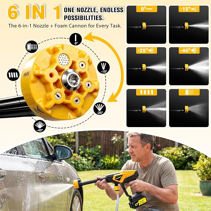 Cordless Portable Handheld Cleaning Tool, 6-in-1 Nozzle, 16.4FT Hose, Foam Cannon & Filter, Handheld Washer for Car, Garden, Outdoor Cleaning