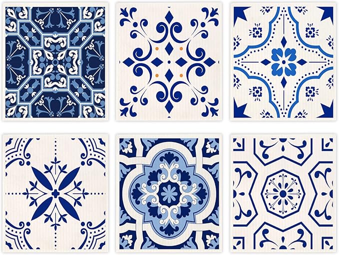 Swedish Dish Clothes Pack of 6, Reusable, Absorbent Hand Towels for Kitchen, Bathroom and Cleaning Counters - Blue Cellulose Sponge Cloth