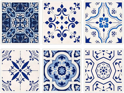 Swedish Dish Clothes Pack of 6, Reusable, Absorbent Hand Towels for Kitchen, Bathroom and Cleaning Counters - Blue Cellulose Sponge Cloth
