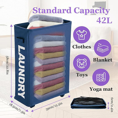 Narrow Laundry Basket with Wheels, 42L Slim Rolling Laundry Hamper with Brake, Collapsible Dirty Clothes Hamper with Mesh Cover & Handle, Storage Bin for Dorm, RV, Small Spaces, Navy Blue