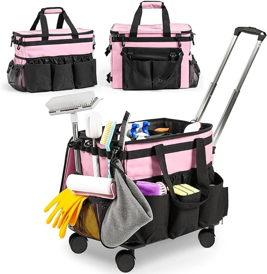 Large Rolling Cleaning Caddy Bag w/Detachable Trolley & Lid - Portable Cleaning Cart on Wheels w/Shoulder Strap & Waist Pouch - Cleaning Supplies & Tool Organizer for Home, Office, Car (Pink)