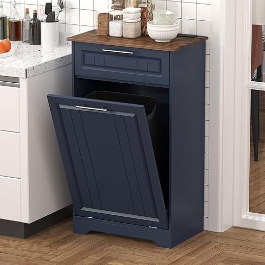 Single 10 Gallon Tilt Out Trash Can Cabinet with Deodorizing Function, Wooden Hidden Garbage Can Holder with Storage Drawers for Kitchen and Dining Room, Laundry Hamper Cabinet for Bathroom, Blue