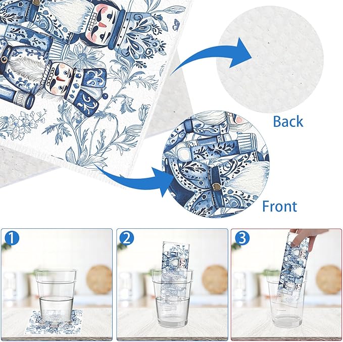 Christmas Swedish Dishcloths for Kitchen - 6PCS Blue Christmas Swedish Cloths for Washing Dishes, Nutcracker Snowman Washable Cleaning Sponge Gifts, Xmas Reusable Dish Towels for Home