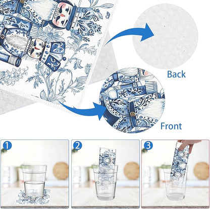 Christmas Swedish Dishcloths for Kitchen - 6PCS Blue Christmas Swedish Cloths for Washing Dishes, Nutcracker Snowman Washable Cleaning Sponge Gifts, Xmas Reusable Dish Towels for Home