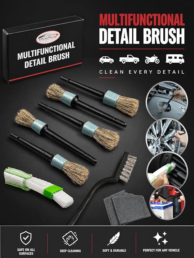 TAKAVU Complete Car Detailing Brush Kit (10 Piece) - Boar Hair Detail, Wire & Vent Brushes with Microfiber Towel for Wheels, Interior, Engine Bay Cleaning