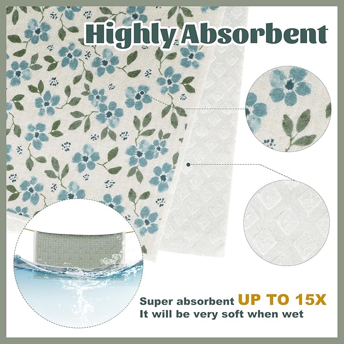 Green Swedish Dishcloths for Kitchen, 6 PCS Swedish Dish Cloths, 7.5 x 6.7 Inch Super Absorbent Washable Reusable Floral Cloths Dish Towel, No Odor Cellulose Sponge (Light-Green)