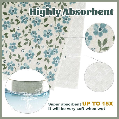 Green Swedish Dishcloths for Kitchen, 6 PCS Swedish Dish Cloths, 7.5 x 6.7 Inch Super Absorbent Washable Reusable Floral Cloths Dish Towel, No Odor Cellulose Sponge (Light-Green)