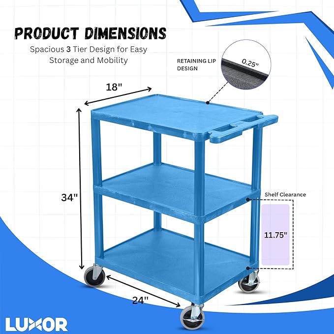 Luxor HE34-BU Utility Cart - 3 Shelves Structural Foam Plastic, Four 4" Casters, Two with Locking Brake, Ergonomic Push Handle, 24"W x 18"D x 34"H, Offices, Classrooms
