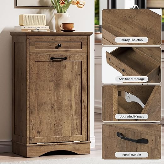AHB 13 Gallons Tilt Out Trash Cabinet Hidden Trash Can Cabinet Freestanding Garbage Recycling Cabinet with Hideaway Drawer Pet Proof Trash Bin for Kitchen Living Room, Vintage Oak