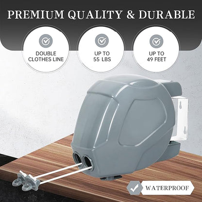 ZOES HOMEWARE Retractable Clothesline Heavy Duty Retracting Clothes Line Outdoor and Indoor with Durable ABS Shell and 2x49 Feet Extruded PVC Line,with Lock to Prevent Sagging