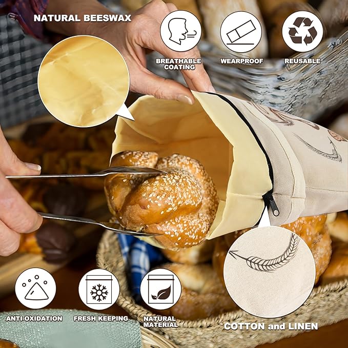 Beeswax Bread Bags for Sourdough – Large Size Sourdough Bread Bags – Reusable Beeswax and Linen Keep Fresh Longer, Sustainable and Washable (2 Pack)