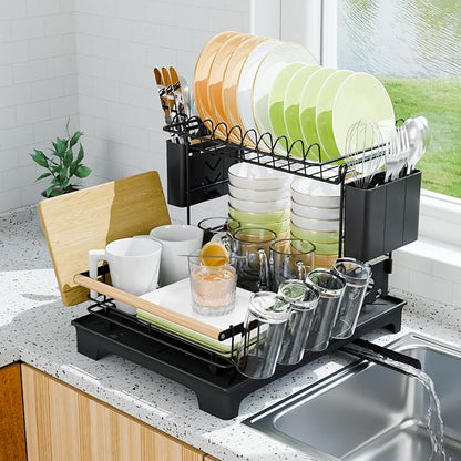 2-Tier Dish Rack with Drainboard: Large Capacity Anti-Rust Kitchen Counter Organizer with Cup, Utensil & Cutting Board Holders, Heavy Duty Dish Drying Rack, Black
