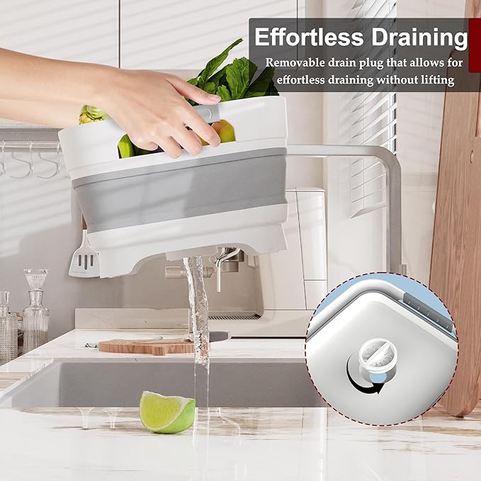 MontNorth 2.4 Gal Collapsbile Wash Basin with Drian Plug,9L Dish Pan for Soaking Baby Bottles,Portable Sink, Multiuse Foldable Bucket,Ice Beverage Tubs for Camping, Vegetable Washing, RV (Gray)