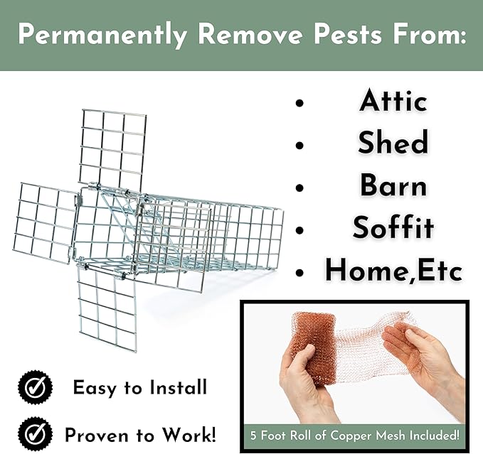 Excluder One Way Squirrel and Rodent Trap - Control Mice, Rats, Bats, Squirrels and More - Fine Copper Mesh Wool Included To Seal Hole- Better than Steel Wool - Good for Attic Door (3 x 3 Opening)