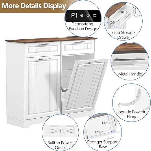 Double 10 Gallon Tilt Out Trash Can Cabinet with Deodorizing Function and Power Outlet, Wooden Hidden Garbage Can Holder with 2 Storage Drawers for Kitchen, Laundry Hamper Cabinet for Bathroom, White