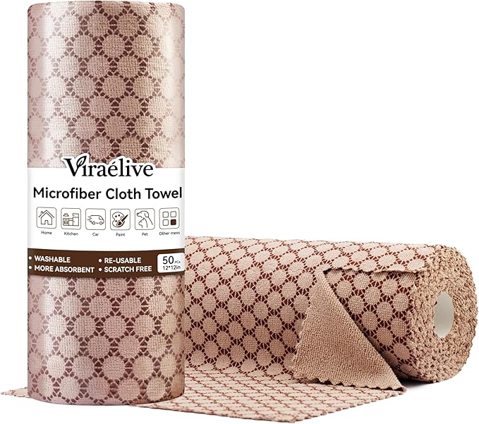 Microfiber Cleaning Cloth Roll, 50 Tear-Away Sheets, Reusable & Washable, Lint-Free, Non-Scratch Highly Absorbent Cleaning Cloths for Kitchen, Home, Window & Screens, Brown Dot, 12 x 12 in