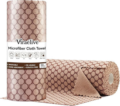 Microfiber Cleaning Cloth Roll, 50 Tear-Away Sheets, Reusable & Washable, Lint-Free, Non-Scratch Highly Absorbent Cleaning Cloths for Kitchen, Home, Window & Screens, Brown Dot, 12 x 12 in
