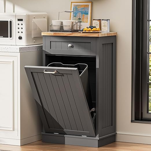 AHB 13 Gallons Tilt Out Trash Cabinet, Hidden Trash Can Kitchen Cabinet Wooden Tilt Out Pet Proof Hidden Trash Bin for Kitchen Living Room, Grey