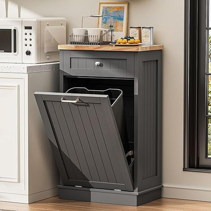 AHB 13 Gallons Tilt Out Trash Cabinet, Hidden Trash Can Kitchen Cabinet Wooden Tilt Out Pet Proof Hidden Trash Bin for Kitchen Living Room, Grey