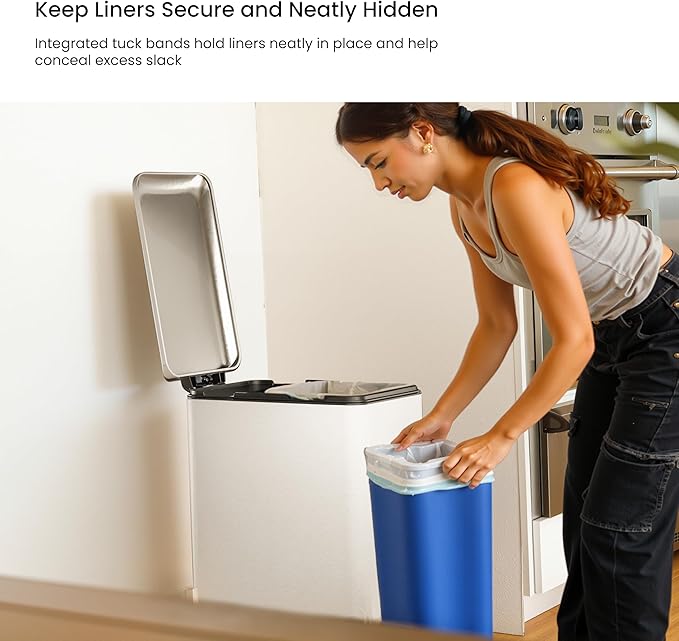 Home Zone Living 13 Gallon Slim Kitchen Trash Can with Dual Compartments for Recycling, Stainless Steel, White, 50 Liters Total