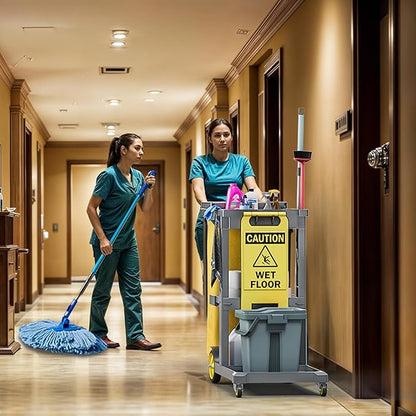DWVO Janitorial Cart on Wheels, Cleaning Carts, Housekeeping Cart, 3 Shelf Commercial Traditional Plastic Janitor Carts, with 2 Yellow 25 Gallon Vinyl Bag & Rubber Gloves for Restaurant Hotel Home