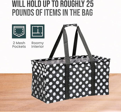 Extra Large Utility Tote Bag - Oversized Collapsible Reusable Wire Frame Rectangular Canvas Basket With Two Exterior Pockets For Beach, Pool, Laundry, Car Trunk, Storage - White Polka Dot