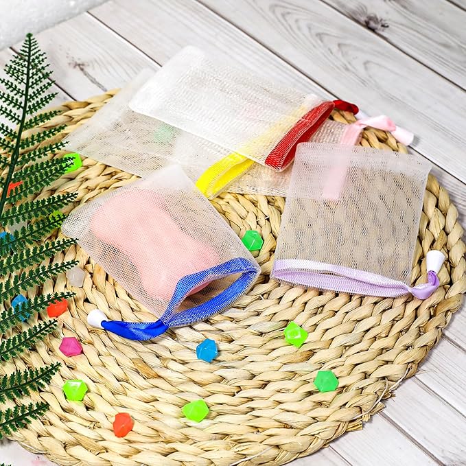 Mozeat Lens 5 PCS Soap Bags Handmade Soap Bubble Mesh Bags Exfoliating Soaps Saver Pouch Net Bag with Drawstring Body Facial Cleaning Tool for Bath & Shower (Assorted Colors)