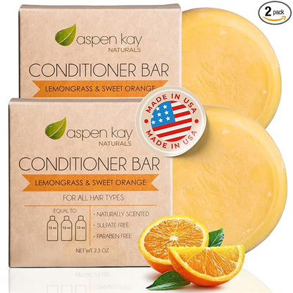 Solid Lemongrass & Sweet Orange Conditioner Bar, Natural & Organic, For All Hair Types Including Frizzy, Sulfate-Free & Cruelty-Free, 2.3 Ounce (2-Pack)