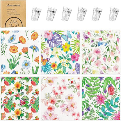 Needbrock 6 Pack Spring Floral Swedish Dishcloths for Kitchen, Swedish Rag Absorbent Dish Towel with Adhesive Clips, Reusable Paper Towels No Odor for Countertop Dishes Cleaning Kitchen