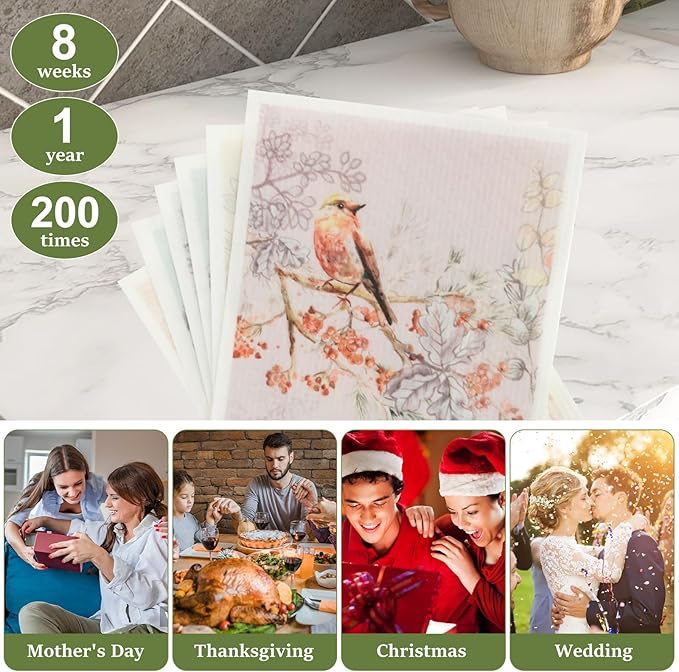 6Pcs Swedish Dishcloths for Kitchen, Quick-Drying Reusable Paper Towels, Absorbent Washable Kitchen Dish Rags, Soft Cellulose Sponge Cloths for Countertop Sink Flower Bird (6pcs Chinese Style Birds)