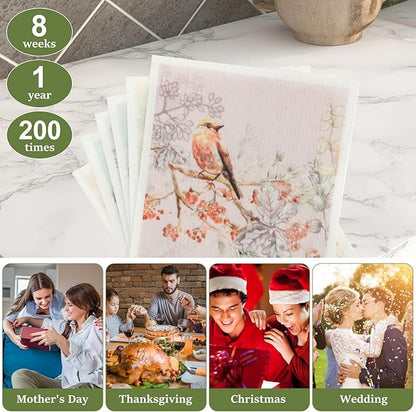 6Pcs Swedish Dishcloths for Kitchen, Quick-Drying Reusable Paper Towels, Absorbent Washable Kitchen Dish Rags, Soft Cellulose Sponge Cloths for Countertop Sink Flower Bird (6pcs Chinese Style Birds)