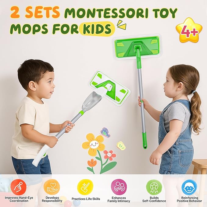 2-Set Toy Mop for Kids - Toddler Real Spray Flat Floor Mop Montessori Cleaning Toy Set, Educational and Fun Gifts for Boys and Girls Ages 4+