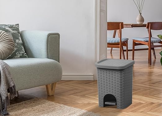 Superio 2-Pack Mini 6L Step Pedal Trash Can - Wicker Design, Hidden Mechanism, Durable Plastic, Ideal for Desktop, Countertop, Pet Waste/Dog Poop- Grey