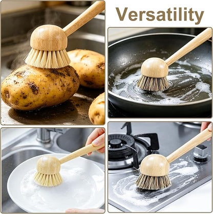2 Pack Natural Kitchen Dish Brushes with Sisal & Palm Bristles, Long Bamboo Handle Scrubber for Dishes, Cast Iron Pans Pots and Vegetable Cleaning