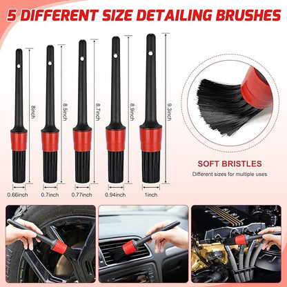 Nilight 27PCS Car Detailing Kit Auto Cleaning Tools Wash Set with Storage Carry Bag Home Use for Interior Exterior Deep Clean Polish Car Care Windshield Dashboard Seat Air Vents Wheels Tires, Red