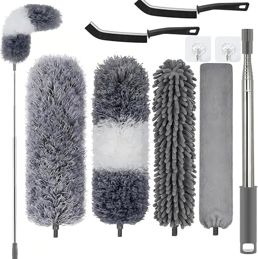 Professional Microfibre Dusters for Cleaning | Duster with Extension 100" | Cobweb Remover Duster Kit with 4 Washable Heads | Bendable Feather Duster for High Ceilings,Fans & Hard to Reach Area | 9PCS