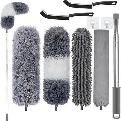 Professional Microfibre Dusters for Cleaning | Duster with Extension 100" | Cobweb Remover Duster Kit with 4 Washable Heads | Bendable Feather Duster for High Ceilings,Fans & Hard to Reach Area | 9PCS