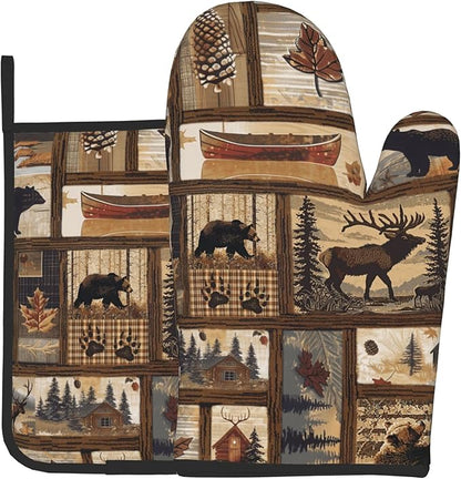 Rustic Lodge Pot Holders and Oven Mitts - Bear Moose Forest Oven Glove Hot Pads for Kitchen Chef Gifts for Cooking Lover Cooks